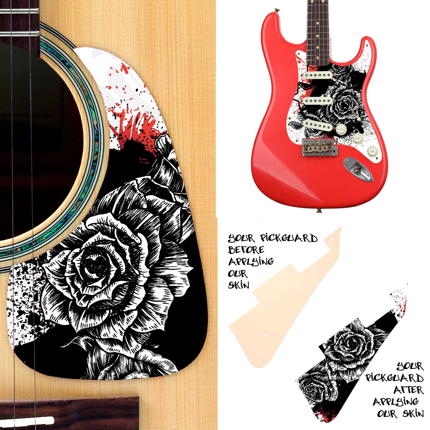 Guitar Custom PickGuard Sticker Skins. Customise your own existing Pickguard, Headstock, Tremolo Cover plate. The Roses PK16