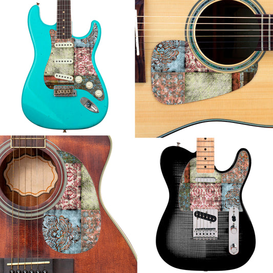 Guitar Custom PickGuard Sticker Skins. Customise your own existing Pickguard, Headstock, Tremolo Cover plate. The Quilted Patches PK01