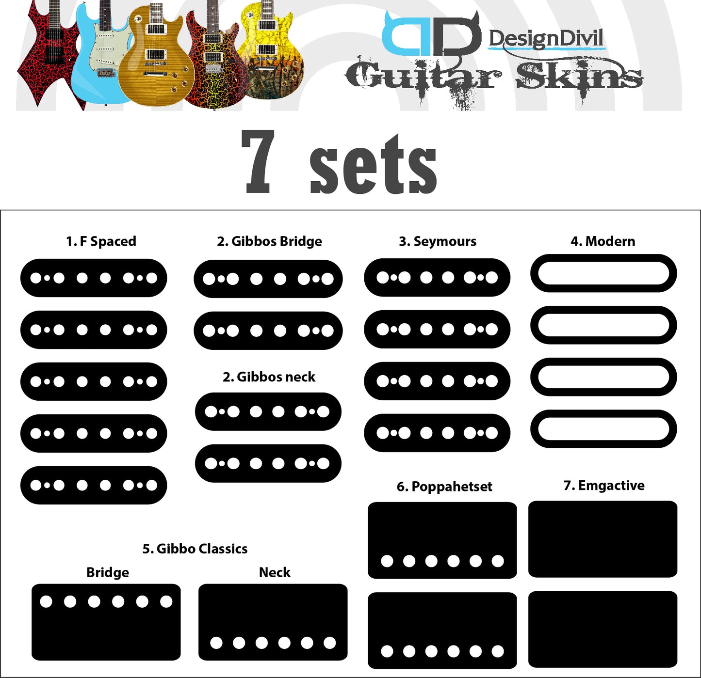 Guitar Pickup Inlay Decal Stickers. 7 different Pick up Sizes. 15 Colour Options.