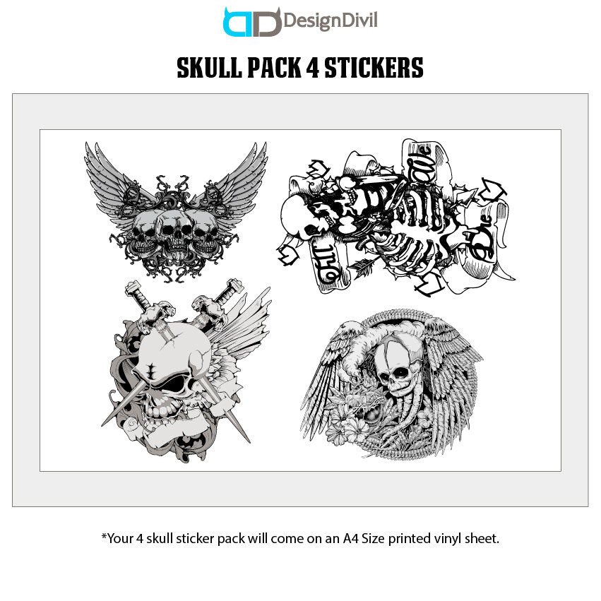 The Death Skulls 4 pack Decal Stickers. For Guitars & Basses. Also suitable for Gaming Consoles, Laptops, Walls or any flat smooth surface.